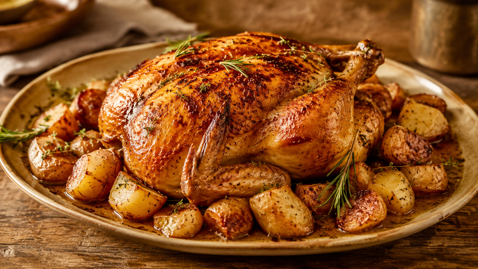Poulet entier rôti sur un plat avec pommes de terre rôties et romarin